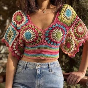 Women's Blouses Boho Inspired Colorful Crochet Cropped Women Tops Festival Summer Crop Blouse Beach Knitted Bohemian Top Female