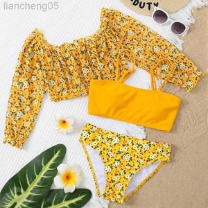 One-Pieces Flower Print Girls Swimwear Bikinis For Kids Dropshipping Children 3 Pieces Swimsuit Cover Up Set Teens Swimming Suit Biquini W0310