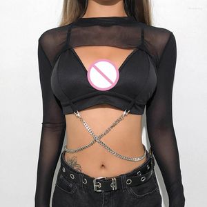 Women's T Shirts Women Punk Long Sleeve Sheer Mesh Crop Top Harajuku Metal O-Ring Mock Neck Cutout T-Shirt Shrug Slim Fishnet Cover Up