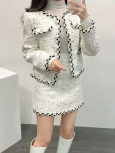 Arbeitskleider Herbst Winter Koreanische Damen Süße Luxus Tweed Jacke Mantel Top Mode Hohe Taille Elegante Miniröcke Zweiteilige Set Anzüge