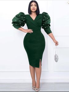 Casual Dresses Aomei V Neck Midi Dresses For Ladies Half Puff Sleeve Dark Green High midje Bodycon SLIT Elegant Office Work Evening Party Gowns 230303