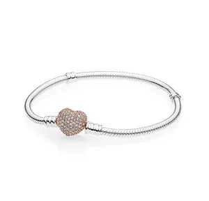 Wholesale 18K Rose Gold Diamond Pave Heart Clasp Bracelet 925 Sterling Silver Women Wedding Gift Charm Bracelet Set