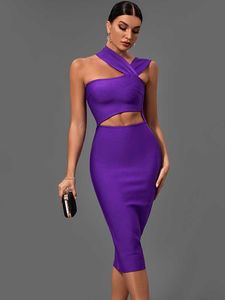 Vestidos casuais vestidos de bandagem para mulheres 2022 Purple Bodycon Dress Festa de noite elegante Sexy Cut Out Midi Birthday Club Fort Summer Novo Z0216