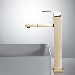 Bathroom Sink Faucets Brushed Gold Basin Solid Brass Rotating Mixer & Cold Single Handle Deck Mounted Lavatory Taps