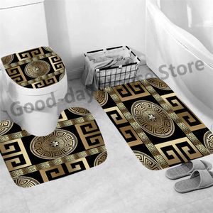 Luxury Black Gold Toilet Seat Cover Set - Non-Slip, Modern Marble Design with Matching Bathroom Mats - Home Decor Accessories.