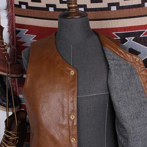 Coletes masculinos coletes de couro ocidental jaqueta sem mangas vintage com marca fina casual para negócios em v-clivagem