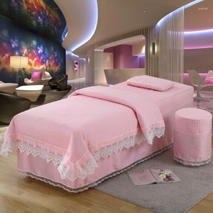 Bedding Sets 4pcs For Beauty Salon Massage Spa Lace Silk Bed Linens Sheets Bedskirt Stoolcover Pillowcase Duvet Cover Set