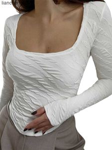Kvinnors stickor Tees Women's Spring Autumn Slim Crop Tops Solid Color Long Sleeve U Neck Oregelbundna T-shirt Pullovers Y2K kläder W0306