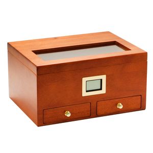 Fit 25-50 cigarrer förvaringsskåp Träcigarhumidor Box Portabelt glasfönster cederträfodral för cigarr w/ hygrometer luftfabriksfabriksuttag