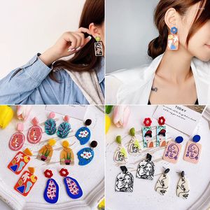 Stud Earrings Colorful Irregular Portrait Pattern Acrylic Painted Drop For Women Girls Fashion Simple Flower Geometric Gifts