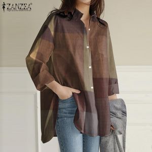 Bluzki damskie koszule mody kieszenie mody asymetryczna chemise Zanzea Kobiety Bluzki Bluzki z długim rękawem swobodny koszulka Kaftan Plaid Tops 230306