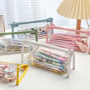 Blyertspåsar Transparent blyertsfodral Mesh Pencil Bag For Kids Girls Present Office School Supplies Kawaii Stationery Nylon Pencilcase J230306