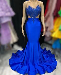 2023 Sexy Royal Blue Mermaid Evening Formal Dress Sheer Lace Beaded Satin Prom Party Birthday Engagement Gowns Robe De Soiree