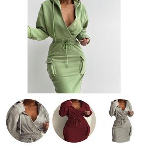 Two Piece Dress 1 Set Women Blouse Skirt Slim fitting Pure Color Pullover Solid Mid Calf Suit 230303