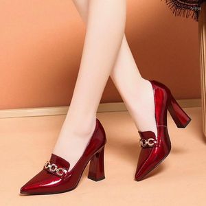 Dress Shoes 2023 High Heels Pointed Toe Woman Pumps Black Patent Leather Chain Slip On Square Heel Fashion Zapatos Mujer