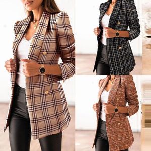 여성 정장 Herfst En Winter Lange Mouwen 더블 브레스트 Pak Kraag Gedrukt 격자 무늬 Jas Vrouwen Kleding