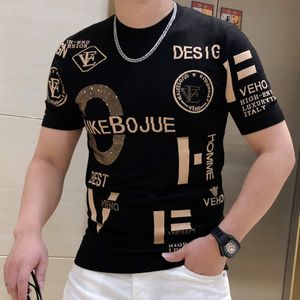 Erkek Tişörtleri Matkap Alfabe Deseni Yüksek Elastikiyet Örgü Tshirt Erkekler O boyun tee Homme Street Giyim Moda Yaz Gündelik Örgü 230303