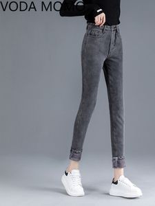 Jeans feminino inverno jeans grossa para mulheres jeans azul cinza mulher preta jeans elástica jeans fêmea jeans skinny calça 230306