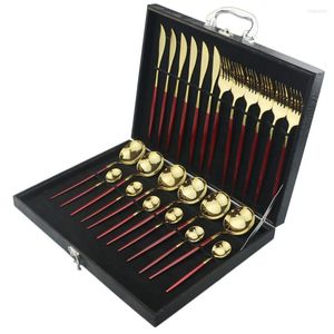 Dinnerware Sets Red Gold 24pcs 18/10 Stainless Steel Cutlery Flatware Teasppoon Fork Knife Set Kitchen Silverware Eco Friendly