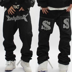 Dżinsy męskie Hip Hop Streetwear Dżins Gothic Mens Graphic Dollar Print Worbgy Punk Rock Pants Harajuku swobodne luźne spodnie Czarne 230306