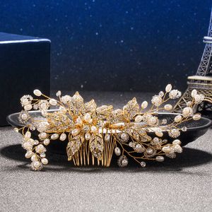 Tiaras Excisite Gold Flower Hair Combs for Bride Rhinestones Pearl Wedding Headdress Haile Jewelry Crystal Hair Accessories Trombone R230306