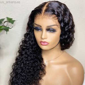 Pelucas sintéticas 13X4 Indian Deep Curly Lace Front Pelucas de cabello humano para mujeres Deep Wave 4x4 Cierre Peluca Glueless Frontal de encaje transparente Pelucas W0306