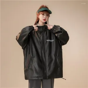 Jackets femininos Deeptown Gótico Casaco de couro gótico Mulheres y2k preto coreano streetwear casaco estético zíper de enormes quebra -vento