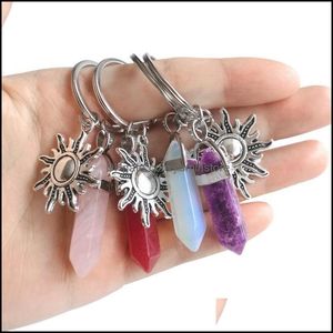 Keychains Lanyards Alloy Sun Sunshine Natural Stone Hexagonal Par Par Keychain Women Rose Quartz Key Chains Trinka Dhu7B