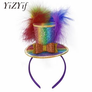 Geizige Krempenhüte für die Weihnachtsfeier, Fedora-Hut, Farbverlauf-Lila-Zylinder, Stirnband, funkelnde Pailletten, Cocktail-Teeparty-Kopfbedeckung, Federn, Fascinator-Hut 230306