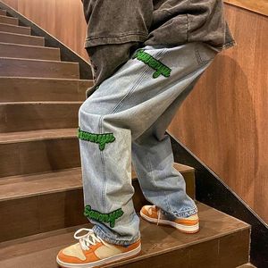 Flocked Letter Print Jeans Men's Trendy High Street Casual Elastic Waist Straight-leg Pants Haruku Style Fashion Men Trousers 230303