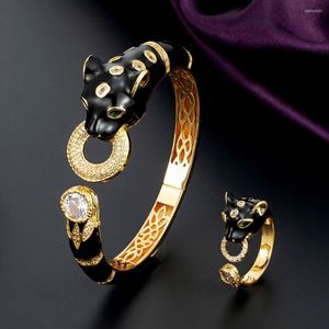 Brincos de colar Set Zlxgirl Jet Leopard Animal Bangle com jóias de anel de mulheres punk Anel cheia em torno de CZ Zircon Dubai African Gold