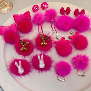 Dangle Earrings Autumn And Winter Temperament Rose Pink Hair Ball Bow Female Personality Design Sense Sweet Wh