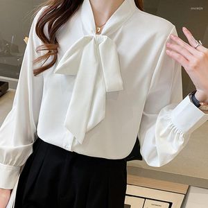 Kvinnors blusar Bow Collar Bottoming Long Sleeved Shirts Women 2023 Lantern Sleeve Chiffon and Tops Ladies Office Wear White Black 1978