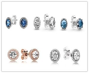 925 Silver Fit Pandora Earrings Crystal Fashion women Jewelry Gift Ear Studs Earring Blue Sparkling Crown