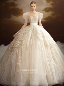 Роскошное бальное платье в Дубае Свадебные платья с длинным рукавом Прозрачная кристальная шея Свадебные платья с аппликациями из кристаллов и блестками Кружевное дизайнерское платье с блестками Vestido De Novias