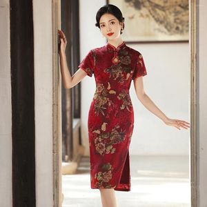 Ethnic Clothing Traditional Flower Printed Satin Knee-Length Cheongsam Gourd Collar Short Sleeve Qipao Chinese Women Wedding Dress