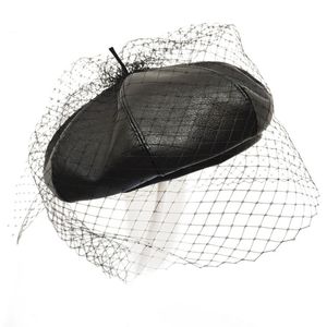 BeanieSkull Caps Faszinierende schwarze Mütze, schickes französisches Baskenmütze aus Leder mit Schleier, Mesh-Show, doppellagige Damen-Baskenmütze, Mütze, Mütze 230306