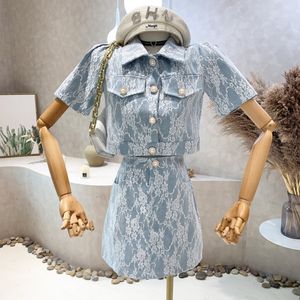 Tvådelt klänningskjol passar kvinnor sommar spets mjuka denimrockar korta toppar och smala unga damer sweety party s kostymer ns679 230303