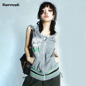 Kvinnors jackor Karrcat Grunge Aesthetics Hooded Vest Vintage Y2K Harajuku Backless Japanese 2000s Clothes Korean Fashion Streetwear 90s 230303