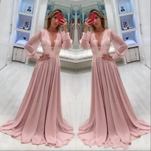 Pembe Şifon Bir çizgi Gelin Elbiselerinin Resmi Anne Derin V Boyun Uzun Kollu Dantel Aplikler Düğünler Partisi Akşam Balo Gowns