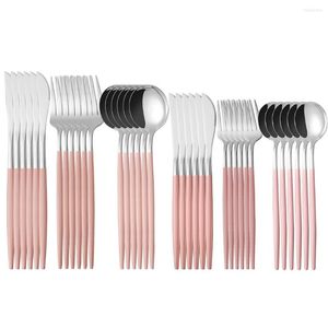 Servis uppsättningar färgglada bestick set i rostfritt stål rosa kök spegel silver bordsartikn kniv gaffel sked diskmaskin säker