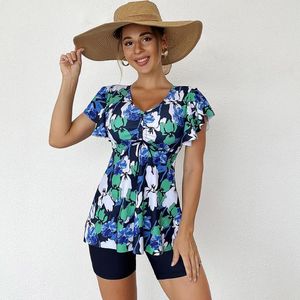 Dambadkläder 2023 Plus Size Tankini-set Tryck Tvådelade Baddräkter Dam Ruffel Strandkläder Baddräkt Dam Baddräkter