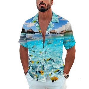 Camisas casuais masculinas camisa masculina Marine Life Printing Tees de férias de férias de praia Camisa havaiana moda de lapela de peito único de lazer curto 230303