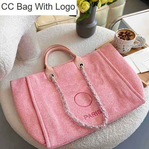 CC Bag Andra väskor Kvinnor Fashion Beach Påsar Två-ton Tweed Leather Handle Shopping Bag Handväska Designer Shoulder Letter Badge Embroidery Silver-Tone Chain Tote B B B