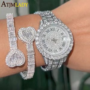 Charm Bracelets Iced Out Bling Opened Sparking CZ Heart Bracelet Silver Color Square Charm Bangle For Men Women Luxury Hiphop Jewelry 230306