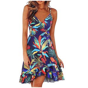 Casual Dresses 2023 summer women's sexy fashion V-neck sling sleeveless backless multi-color printed swing dress T230303