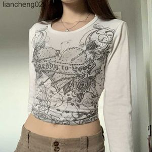 Kvinnors stickor Tees Spring Women's T-Shirt Fairy Grunge Graphic Print Långärmad Slim Fit Pullovers Tees Women's Tube Top Vintage Crop Top Clothes W0306
