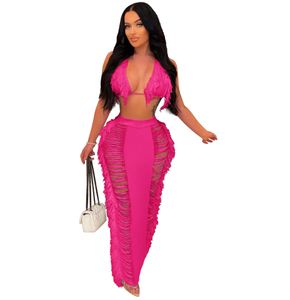 2023 Nya Bikini Tassel Crop Tops och Hollow Out See Through Long Kirts Summer Semester Beachwear Crochet Sticke Cover Up