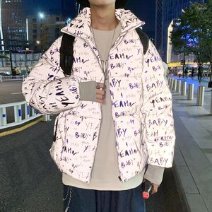 الرجال في فصل الشتاء سترة فضفاضة رجال رسالة عاكسة مطبوعة harajuku parkas معطف كبير الحجم كبير الشارع الهيب هوب دافئ القطن