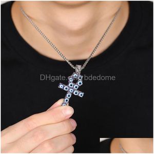 Pendant Necklaces Hips Hops Punk Rap Jewelry 18K Gold Plating Inlay Turkish Blue Eyes Ankh Cross Necklace Drop Delivery Pendants Dhj0F